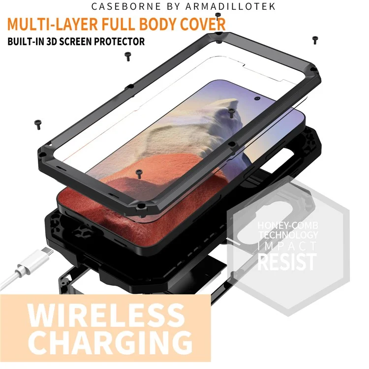 Funda para Samsung Galaxy S25 R-JUST, cubierta trasera de PC + silicona + metal con película de vidrio templado - Negro