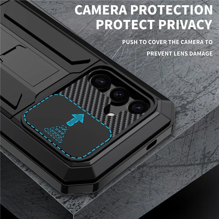 Funda para Samsung Galaxy S25 R-JUST, cubierta trasera de PC + silicona + metal con película de vidrio templado - Negro