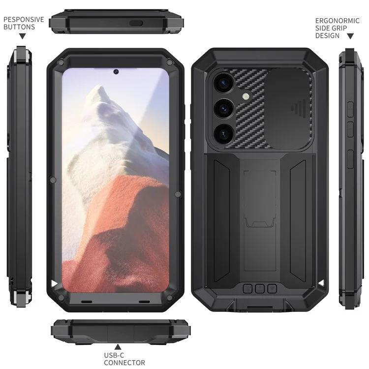 Funda para Samsung Galaxy S25 R-JUST, cubierta trasera de PC + silicona + metal con película de vidrio templado - Negro