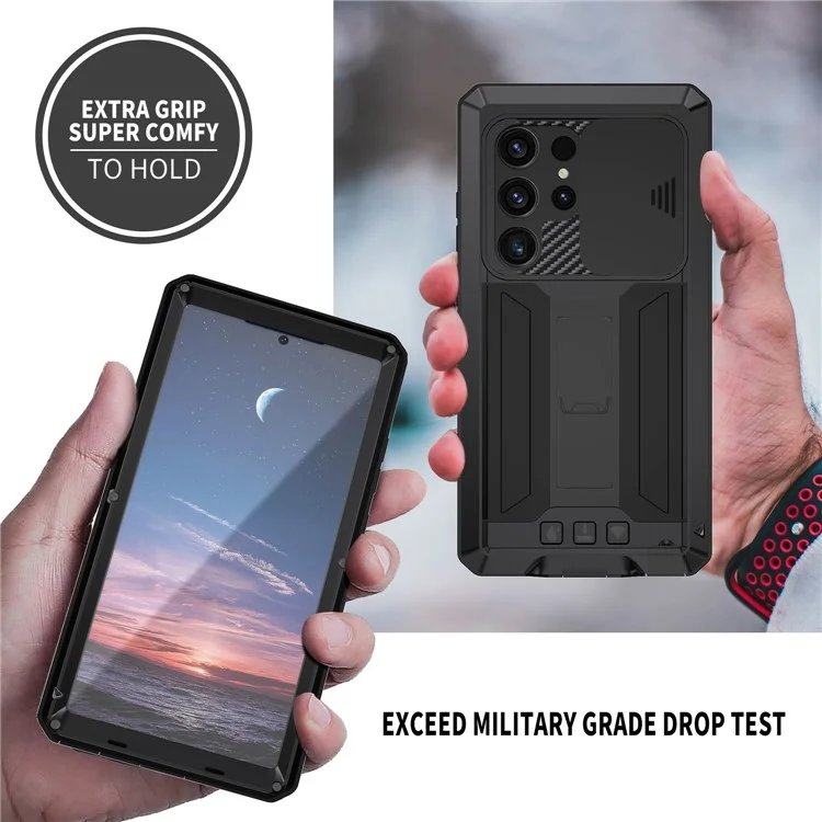 R-JUST For Samsung Galaxy S25 Ultra Case PC + Silicone + Metal Back Cover with Tempered Glass Film - Black