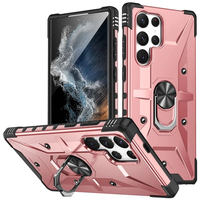 For Samsung Galaxy S25 Ultra Case PC+ TPU Anti-Drop Phone Cover with Ring Kickstand - Rose Gold