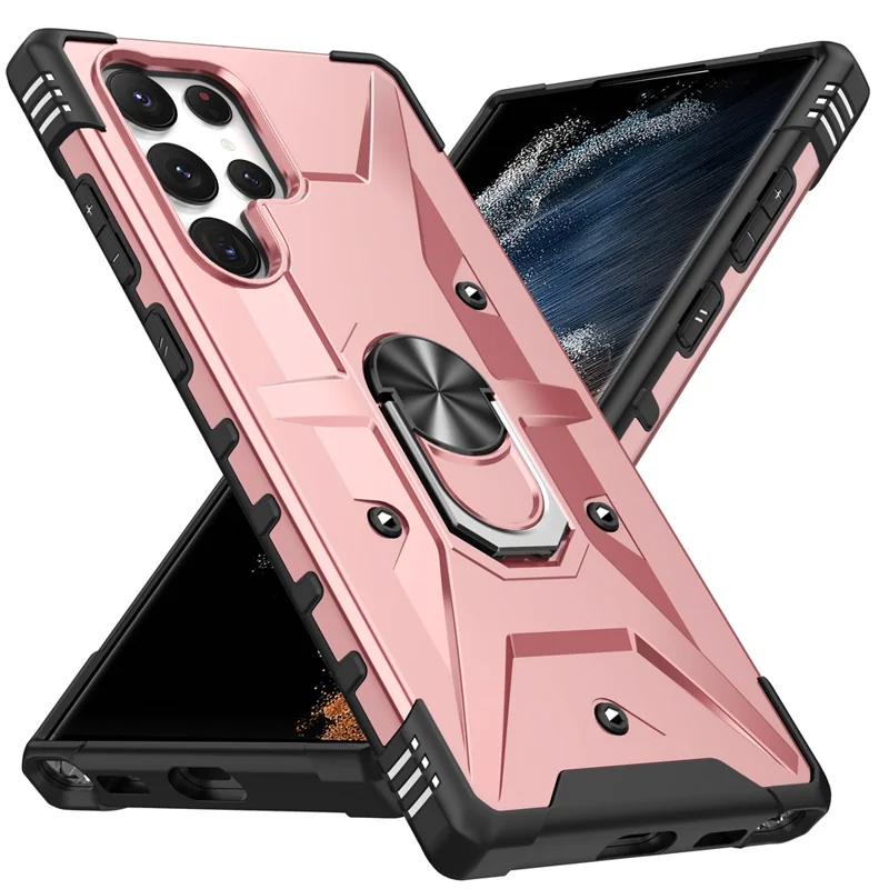For Samsung Galaxy S25 Ultra Case PC+ TPU Anti-Drop Phone Cover with Ring Kickstand - Rose Gold