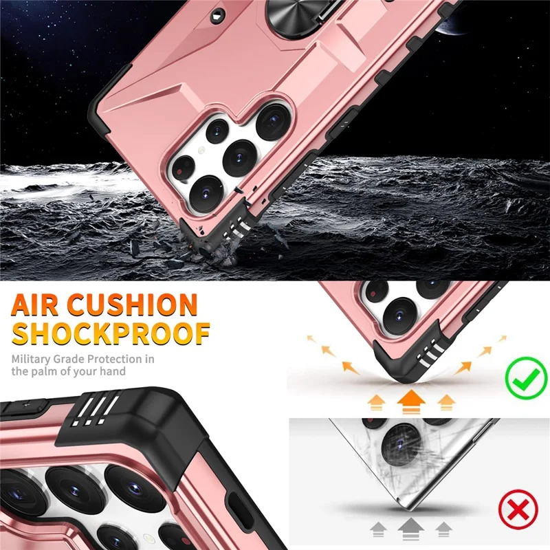 For Samsung Galaxy S25 Ultra Case PC+ TPU Anti-Drop Phone Cover with Ring Kickstand - Rose Gold