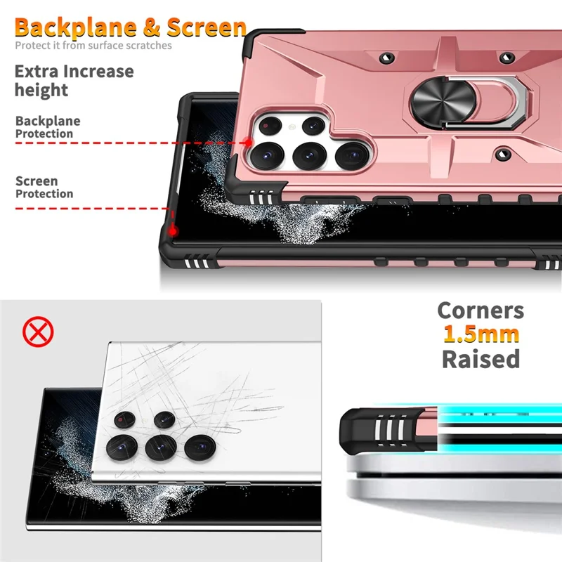 For Samsung Galaxy S25 Ultra Case PC+ TPU Anti-Drop Phone Cover with Ring Kickstand - Rose Gold