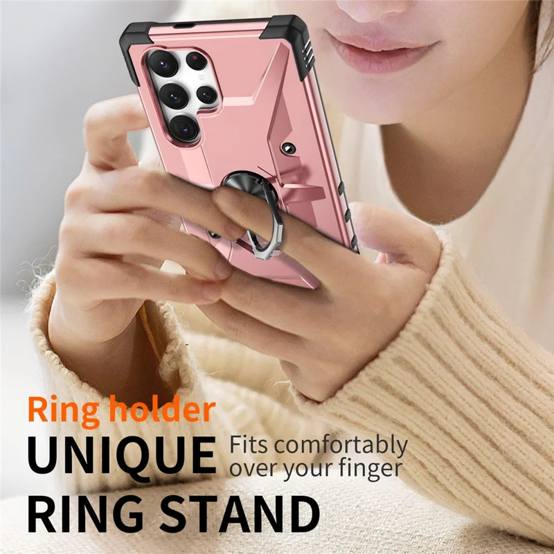 For Samsung Galaxy S25 Ultra Case PC+ TPU Anti-Drop Phone Cover with Ring Kickstand - Rose Gold