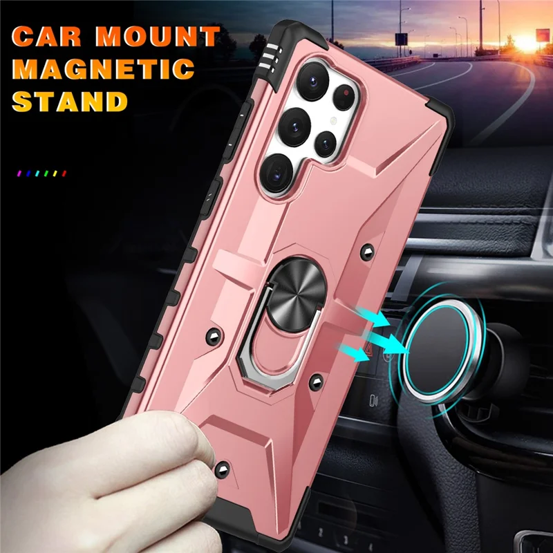 For Samsung Galaxy S25 Ultra Case PC+ TPU Anti-Drop Phone Cover with Ring Kickstand - Rose Gold
