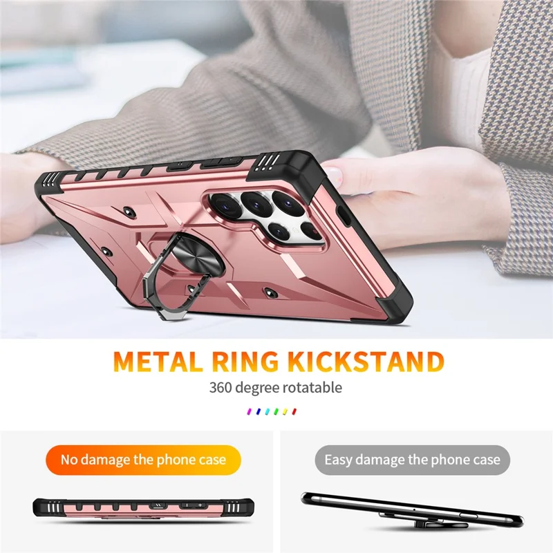 For Samsung Galaxy S25 Ultra Case PC+ TPU Anti-Drop Phone Cover with Ring Kickstand - Rose Gold