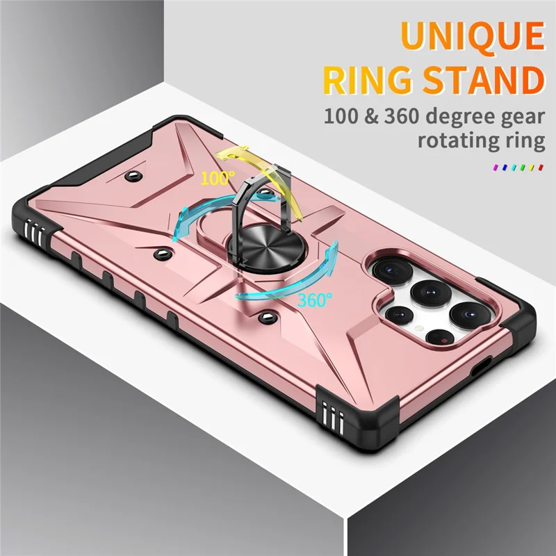 For Samsung Galaxy S25 Ultra Case PC+ TPU Anti-Drop Phone Cover with Ring Kickstand - Rose Gold