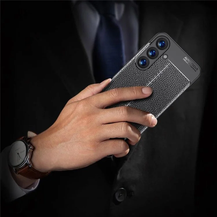 Custodia per Samsung Galaxy S25, texture in pelle di litchi, cover flessibile in TPU, colore nero