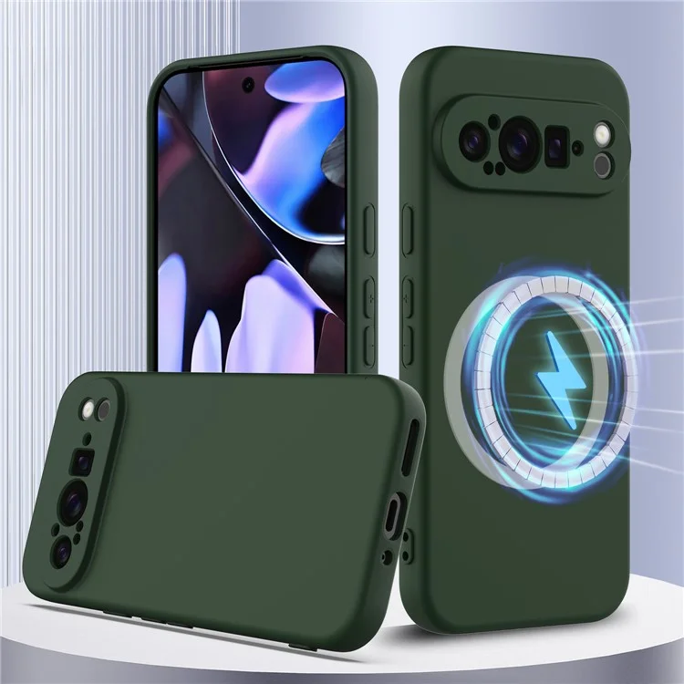 Чехол для Google Pixel 9 Pro XL совместимый с MagSafe, жидкий силиконовый чехол для телефона с ремешком - темно-зеленый