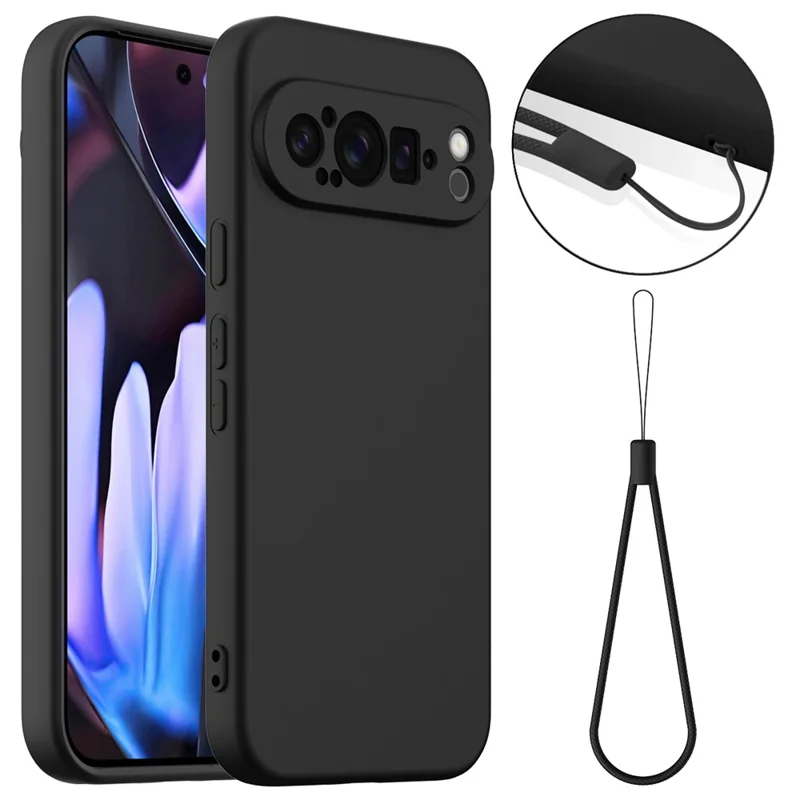 For Google Pixel 9 Pro XL Magnetic Case Liquid Silicone Phone Cover with Lanyard - Black