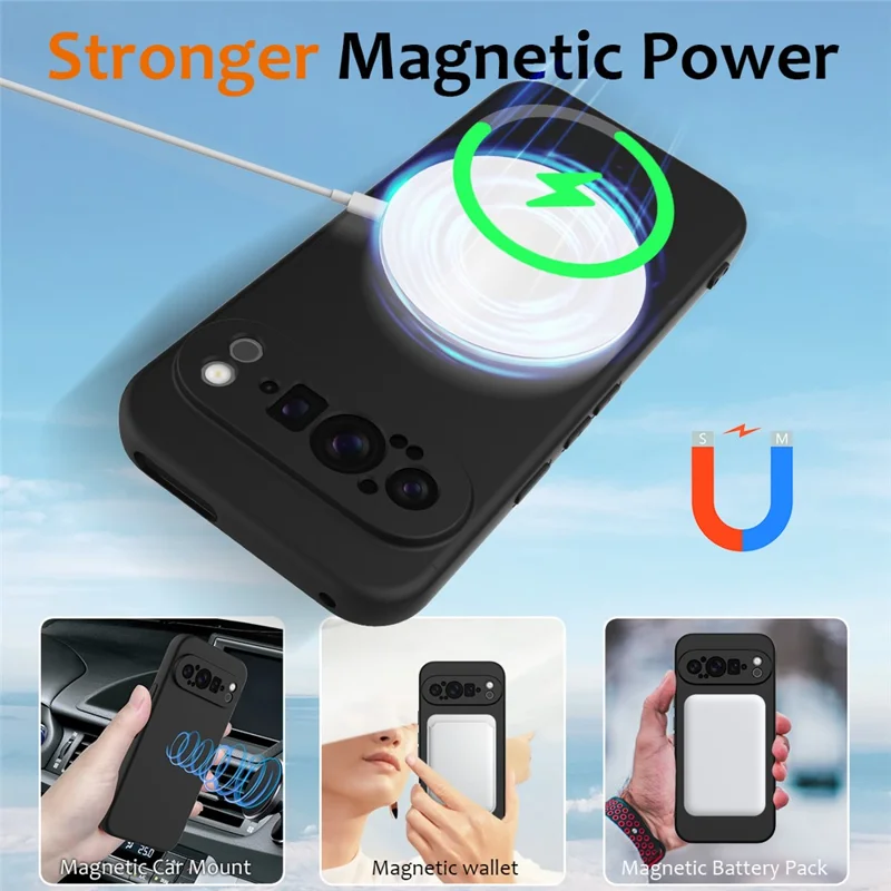 For Google Pixel 9 Pro XL Magnetic Case Liquid Silicone Phone Cover with Lanyard - Black