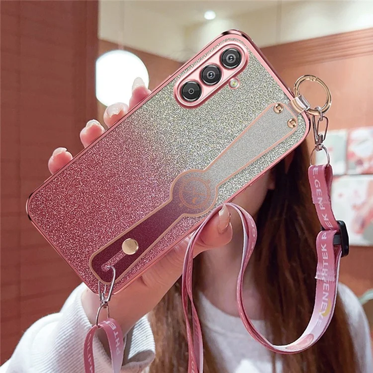 Für Samsung Galaxy A16 5G / 4G Hülle Elektroplattierter Glitzer Handschlaufe Ständer TPU Rückseite mit Schultergurt - Pink