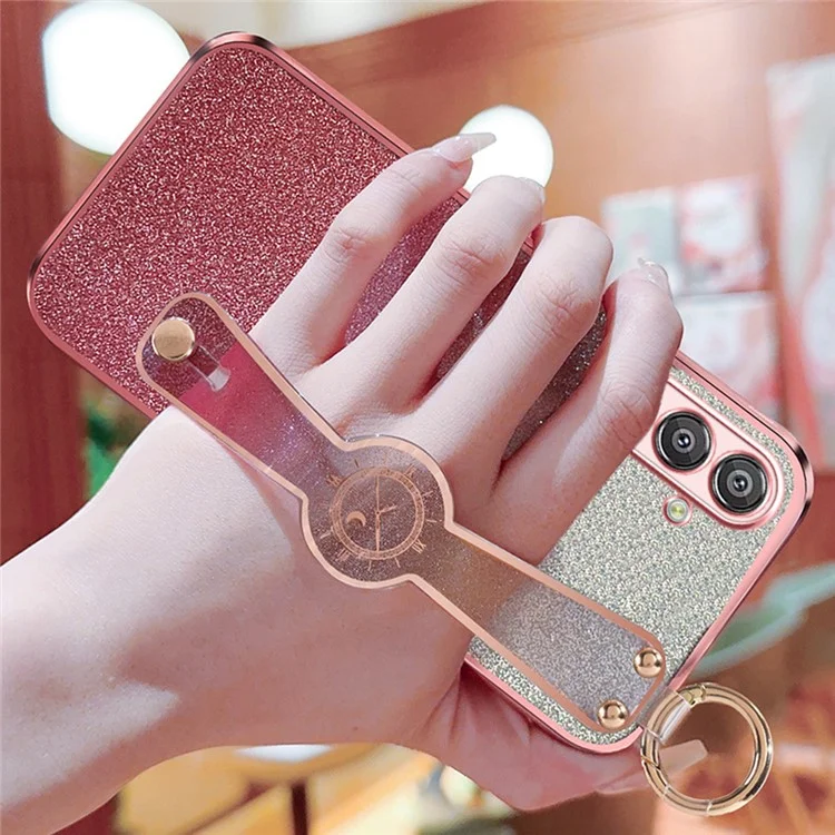 Für Samsung Galaxy S25 Hülle Galvanisierter Glitzer Handschlaufe Ständer TPU-Rückseite mit Schultergurt - Pink
