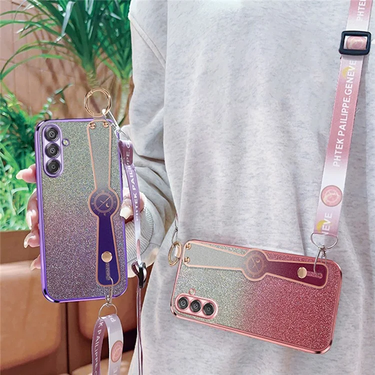 Für Samsung Galaxy S25+ Hülle Electroplated Glitzer Handschlaufe Ständer TPU Rückseite mit Schultergurt - Rosa