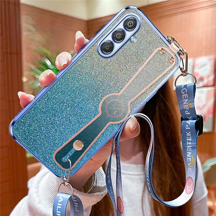 For Samsung Galaxy A55 5G Case Electroplated Glitter Hand Strap Kickstand TPU Back Cover with Shoulder Strap - Blue