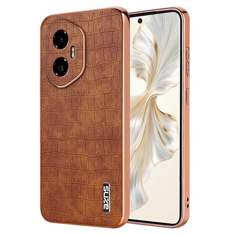 AZNS For Honor 300 Case Electroplating Crocodile Texture PU + TPU Phone Cover - Brown
