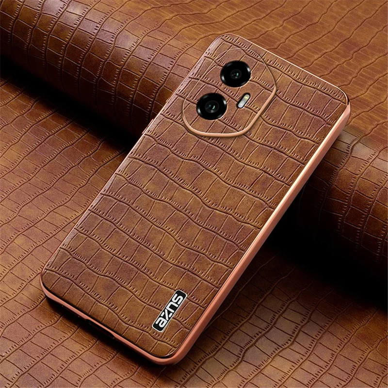 AZNS For Honor 300 Case Electroplating Crocodile Texture PU + TPU Phone Cover - Brown