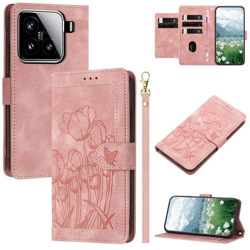 For Xiaomi 15 Tulip Leather Case Phone Cover with 5 Card Slots Wallet - Pink