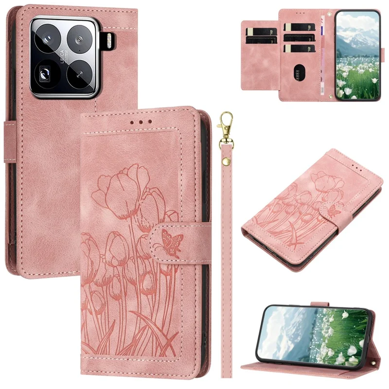 For Xiaomi 15 Pro Tulip Leather Case Phone Cover with 5 Card Slots Wallet - Pink