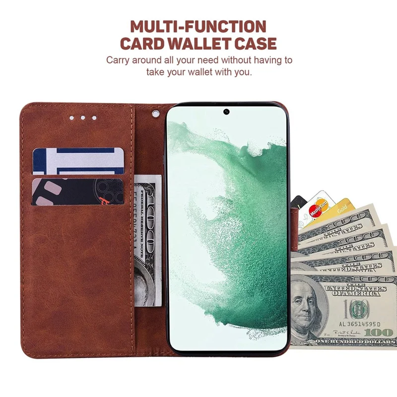PU Leather Protective Shell for Samsung Galaxy M13 4G, Geometry Imprinted Shockproof Case Phone Stand Wallet Cover with Strap - Brown