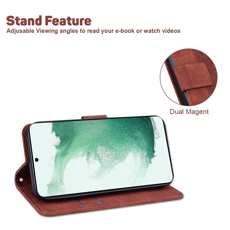 PU Leather Protective Shell for Samsung Galaxy M13 4G, Geometry Imprinted Shockproof Case Phone Stand Wallet Cover with Strap - Brown