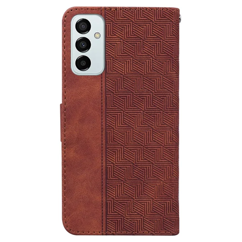 PU Leather Protective Shell for Samsung Galaxy M13 4G, Geometry Imprinted Shockproof Case Phone Stand Wallet Cover with Strap - Brown