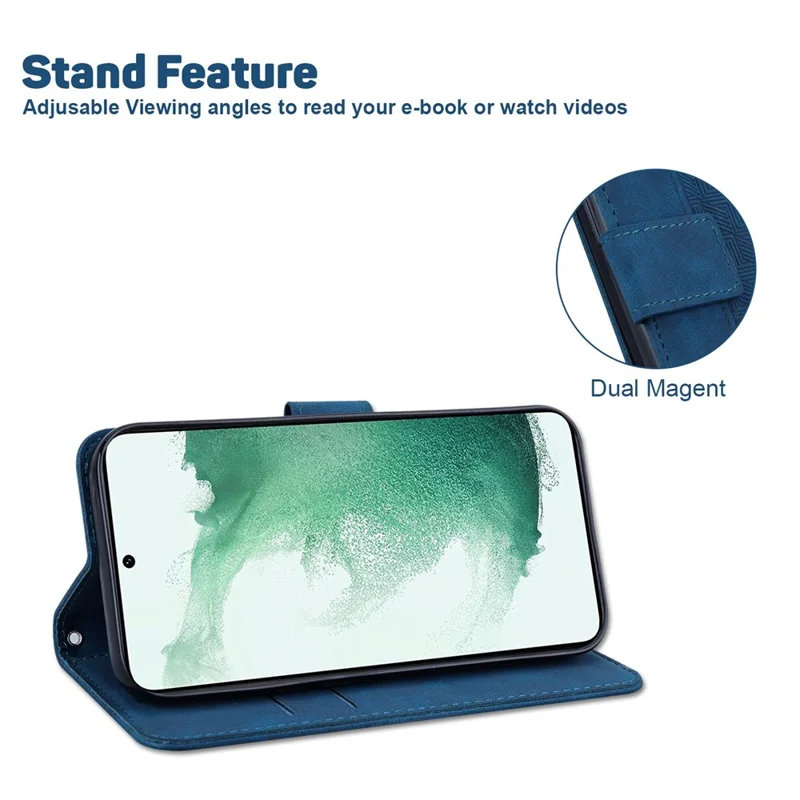 PU Leather Protective Shell for Samsung Galaxy M13 4G, Geometry Imprinted Shockproof Case Phone Stand Wallet Cover with Strap - Blue