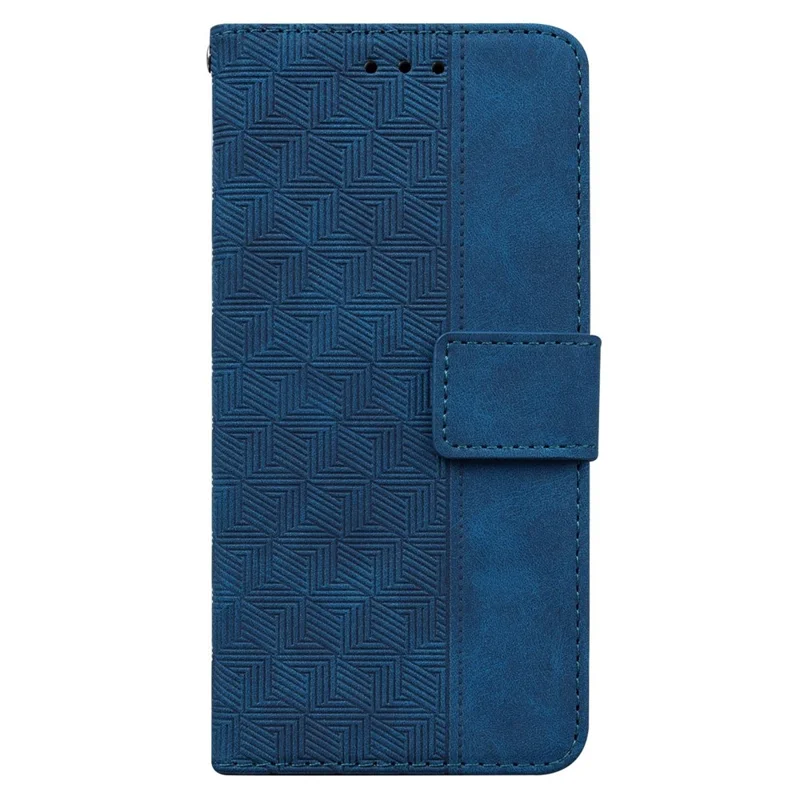 PU Leather Protective Shell for Samsung Galaxy M13 4G, Geometry Imprinted Shockproof Case Phone Stand Wallet Cover with Strap - Blue