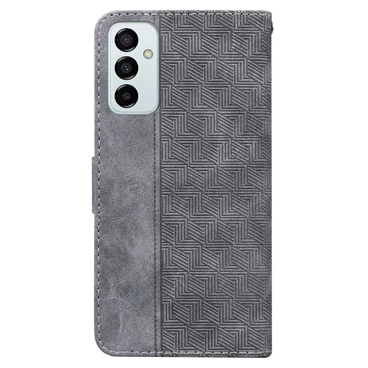 PU Leather Protective Shell for Samsung Galaxy M13 4G, Geometry Imprinted Shockproof Case Phone Stand Wallet Cover with Strap - Grey