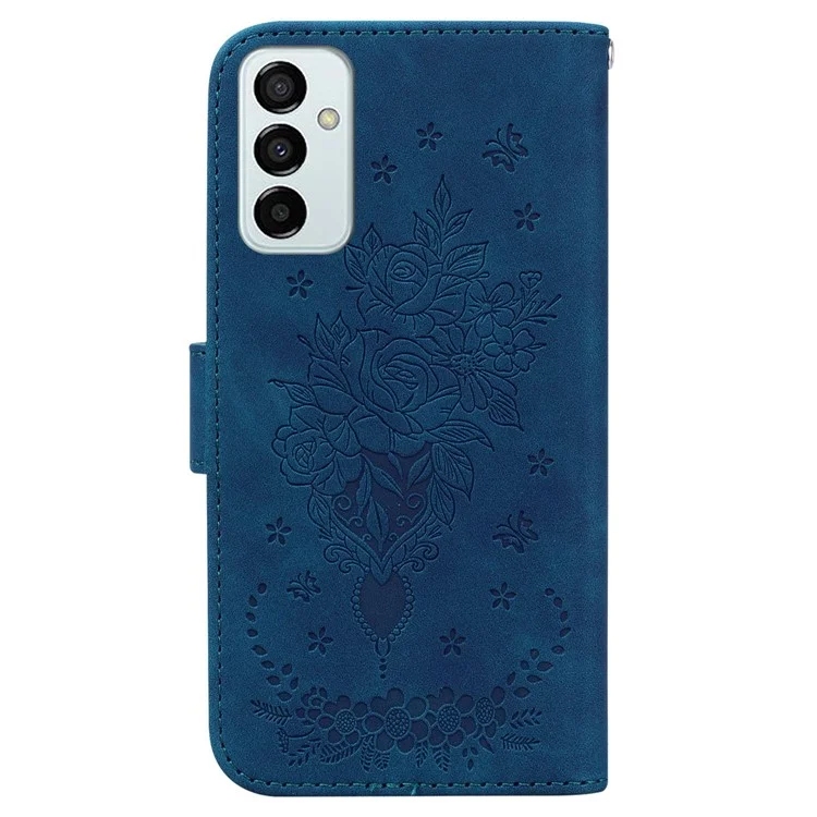 Funda de teléfono de piel de poliuretano para Samsung Galaxy M13 4G, cubierta protectora con estampado de rosas y mariposas, tipo libro con soporte plegable y bolsillo - Azul