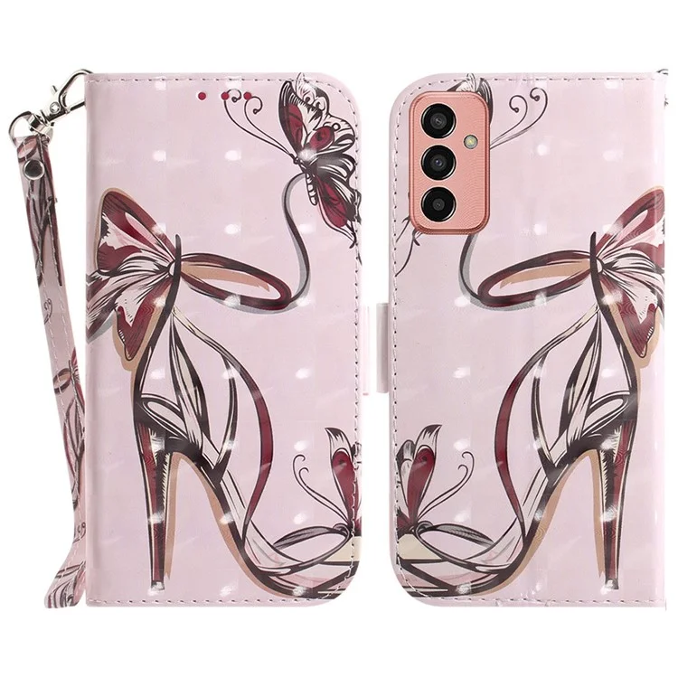 For Samsung Galaxy M13 4G PU Leather Phone Foldable Stand Wallet Case 3D Pattern Printing Protective Cover with Strap - Butterfly High Heels