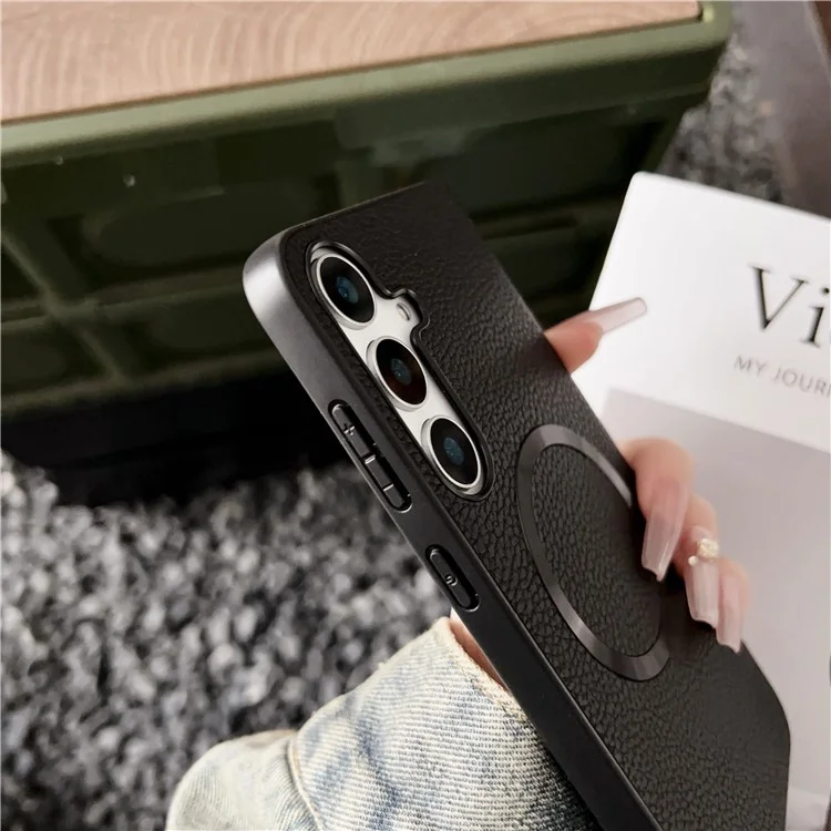 Coque pour Samsung Galaxy S25+ compatible avec MagSafe, en cuir PU + TPU, Noir