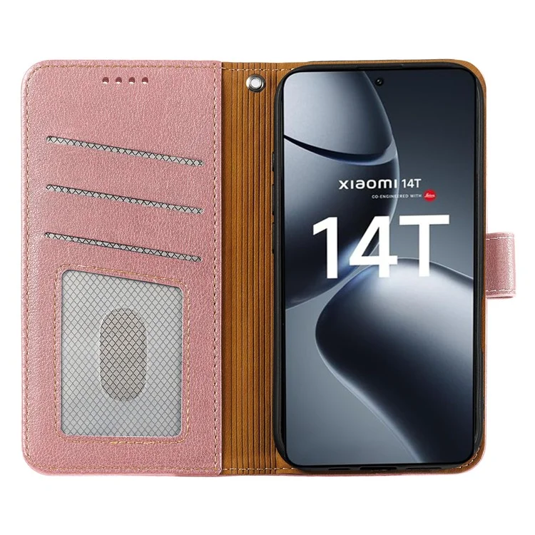 Étui en cuir pour Xiaomi 14T, texture de litchi, portefeuille avec protection RFID, couvercle de téléphone - Or rose
