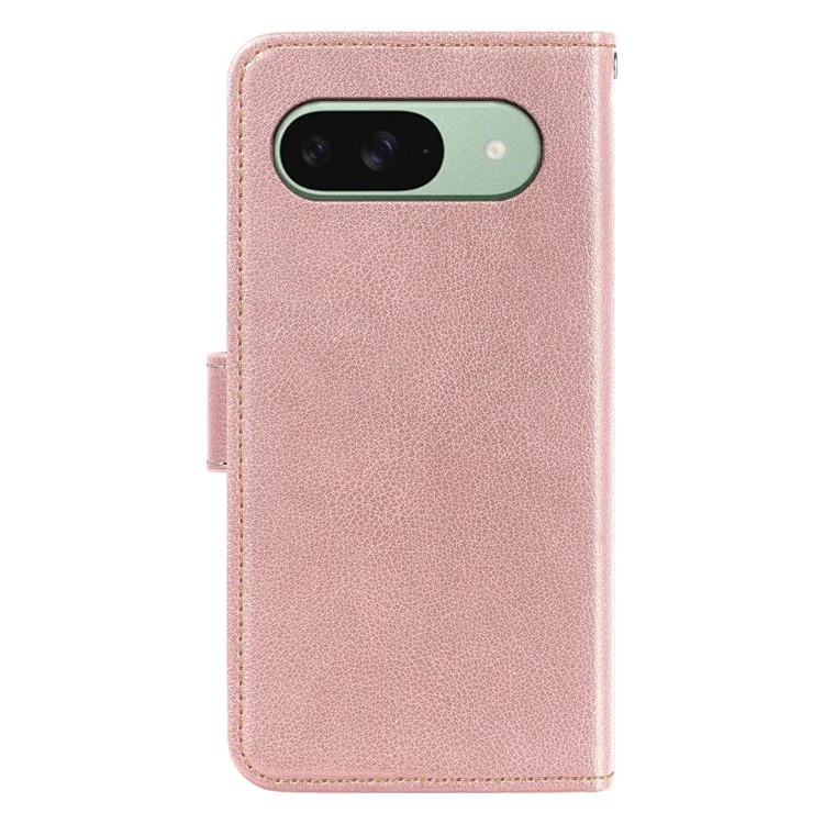 Étui en cuir pour Google Pixel 9 Pro / Pixel 9 avec texture de litchi, protégeant contre le blocage RFID - Or rose