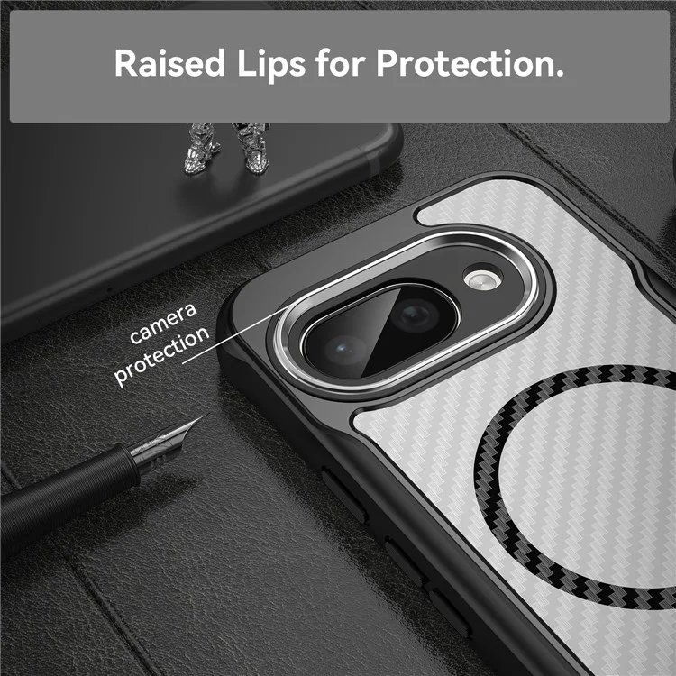 Funda para Google Pixel 9a compatible con MagSafe, cubierta de teléfono híbrida de fibra de carbono - Negro