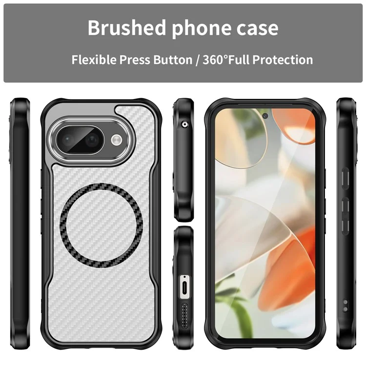Funda para Google Pixel 9a compatible con MagSafe, cubierta de teléfono híbrida de fibra de carbono - Negro