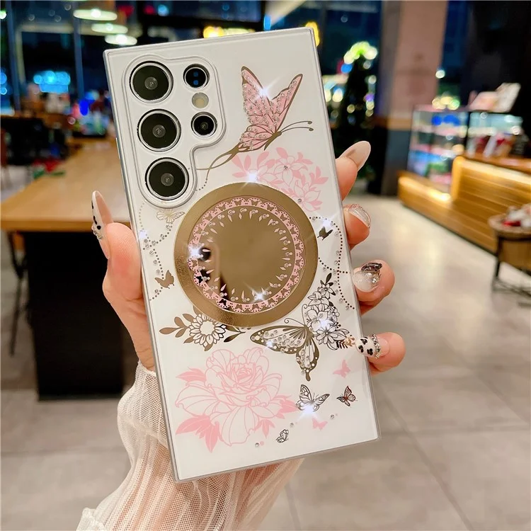 Für Samsung Galaxy S24 Ultra Hülle kompatibel mit MagSafe TPU + PC-Handyhülle Blumen-Schmetterlings-Muster - Weiß / Pink