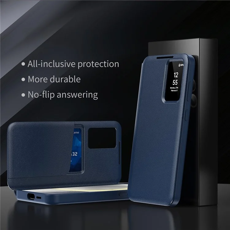 Für Samsung Galaxy S24+ Leder Handyhülle mit Sichtfenster und Kartenfach - Saphir