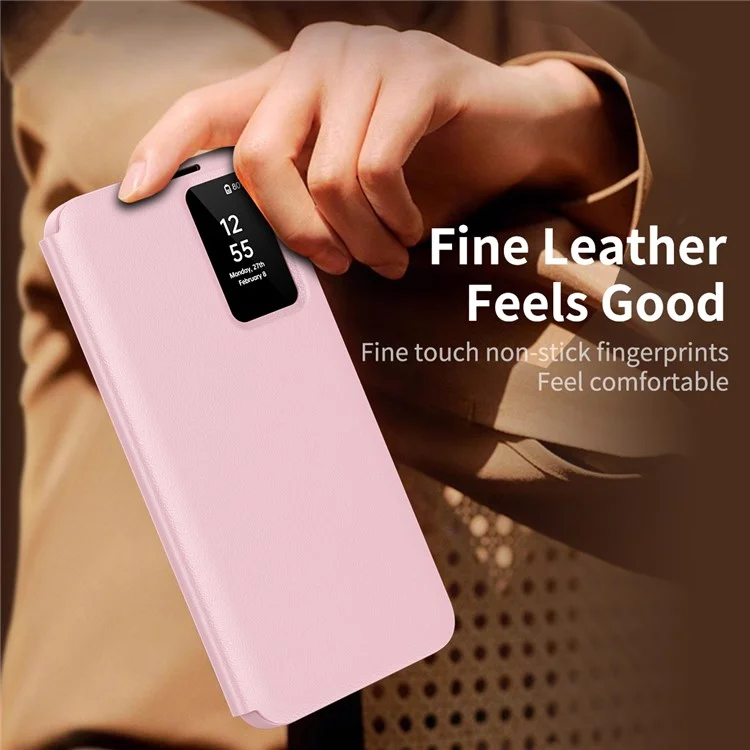 Étui en cuir pour Samsung Galaxy S24+ avec fenêtre d'affichage et fente pour carte - Rose