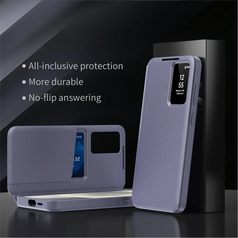 Étui pour téléphone en cuir avec fenêtre d'affichage et fente pour carte pour Samsung Galaxy S24+ - Gris Violet