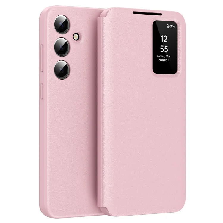 Funda de teléfono de cuero con ventana de visualización y ranura para tarjetas para Samsung Galaxy S24 - Rosa