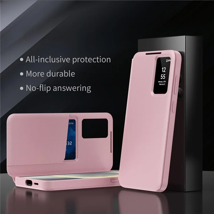 Funda de teléfono de cuero con ventana de visualización y ranura para tarjetas para Samsung Galaxy S24 - Rosa