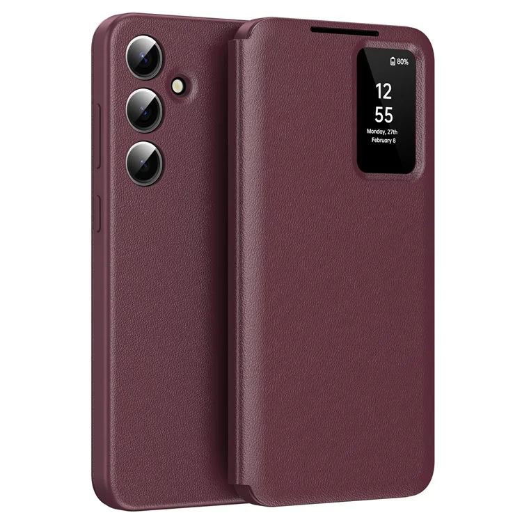 For Samsung Galaxy S24 Leather Phone Case with View Window Card Slot - Wine Red