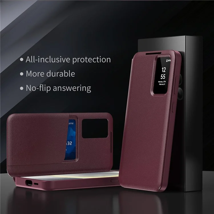 For Samsung Galaxy S24 Leather Phone Case with View Window Card Slot - Wine Red