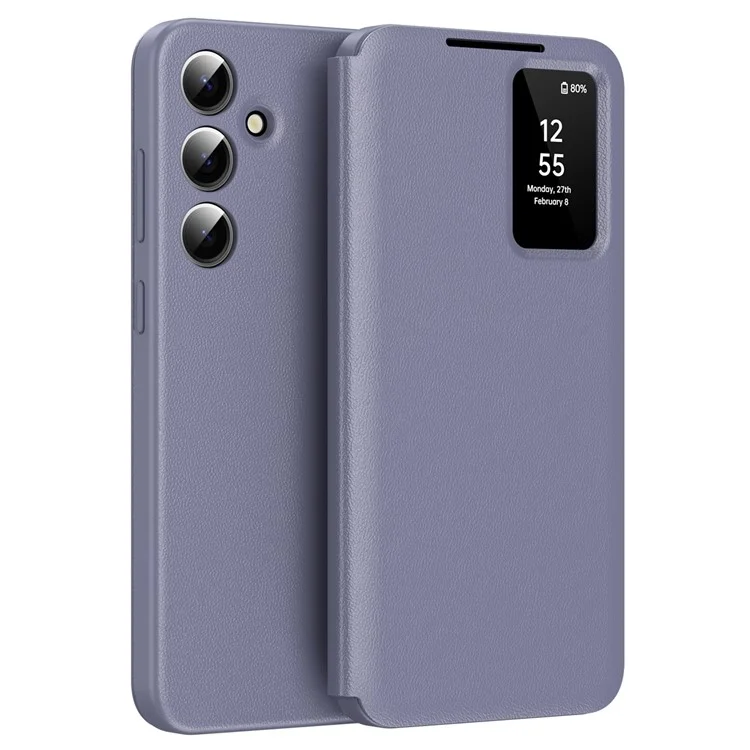 Étui en cuir pour Samsung Galaxy S24 avec fenêtre de visualisation et fente pour carte - Gris Violet