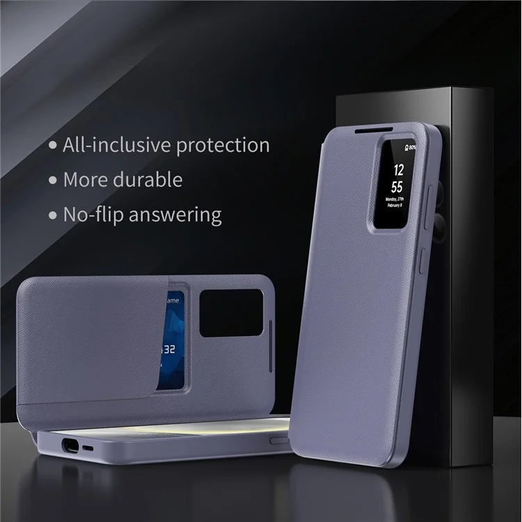 Étui en cuir pour Samsung Galaxy S24 avec fenêtre de visualisation et fente pour carte - Gris Violet