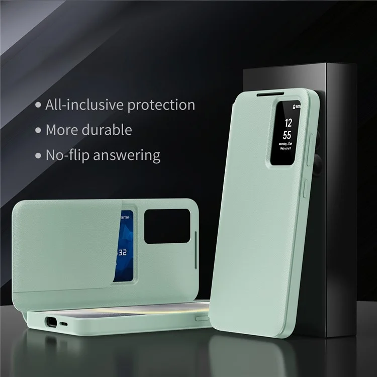 For Samsung Galaxy S24 Leather Phone Case with View Window Card Slot - Light Green