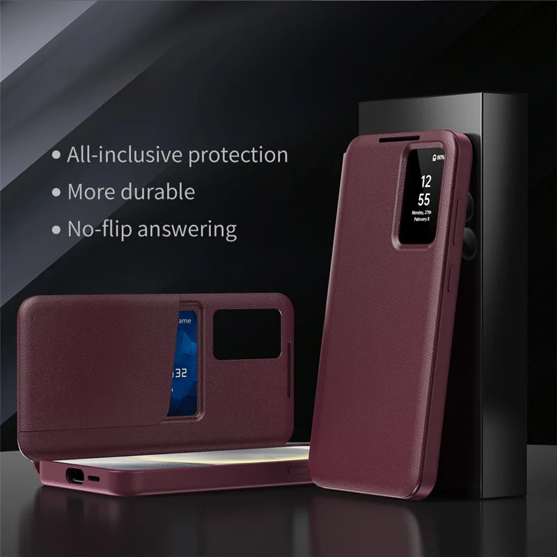 Custodia in pelle per Samsung Galaxy S25 con finestra di visualizzazione e slot per schede - Rosso vino