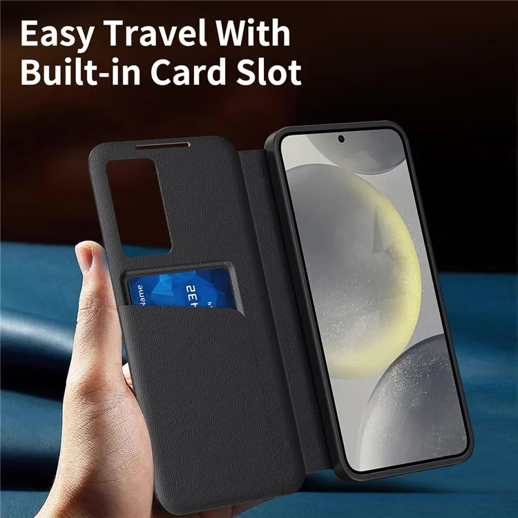 Custodia in pelle per Samsung Galaxy S25+ con finestra di visualizzazione e slot per schede - Nero
